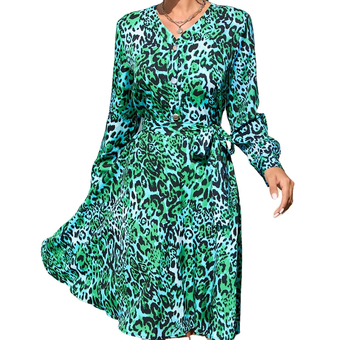 European Station Summer Printed Long Sleeve Swing Dress