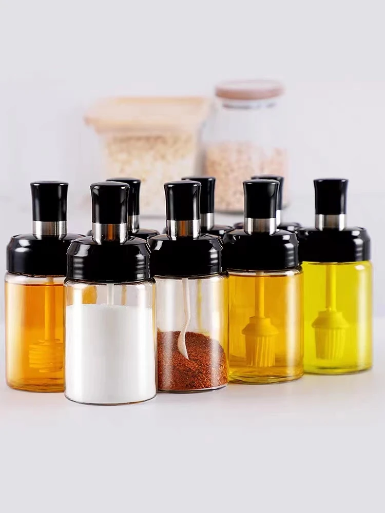 BBQ Glass Condiment Bottles Leak-proof Kitchen Seasoning Box With Spoon Oil Brush Honey Seasoning Jars