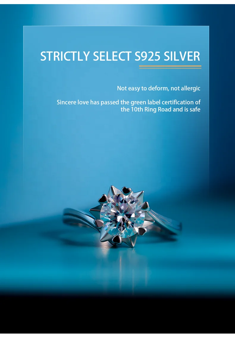 Hot Selling White DEF Color 925 Silver Stunning 1ct Gem Stone Moissanite Jewelry Ring