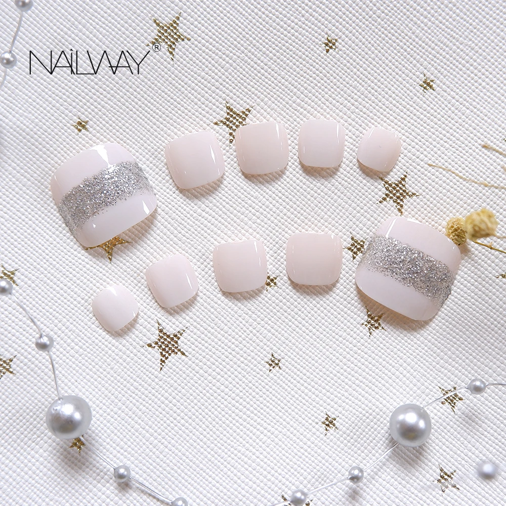 Factory White Short Square Artificial Nails For Toe Silver Glitter Nails Press On Toe Nails