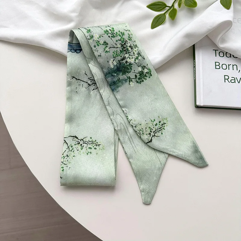 Factory Hair Scarf Hair Ladies Handbag Satin Silk Women Neck scarf Polyester Green Custom Designer Ribbon Silk Scarves