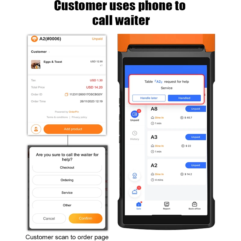 touch screen handheld pos terminal customized Android Pos Terminal system for Online Order Management
