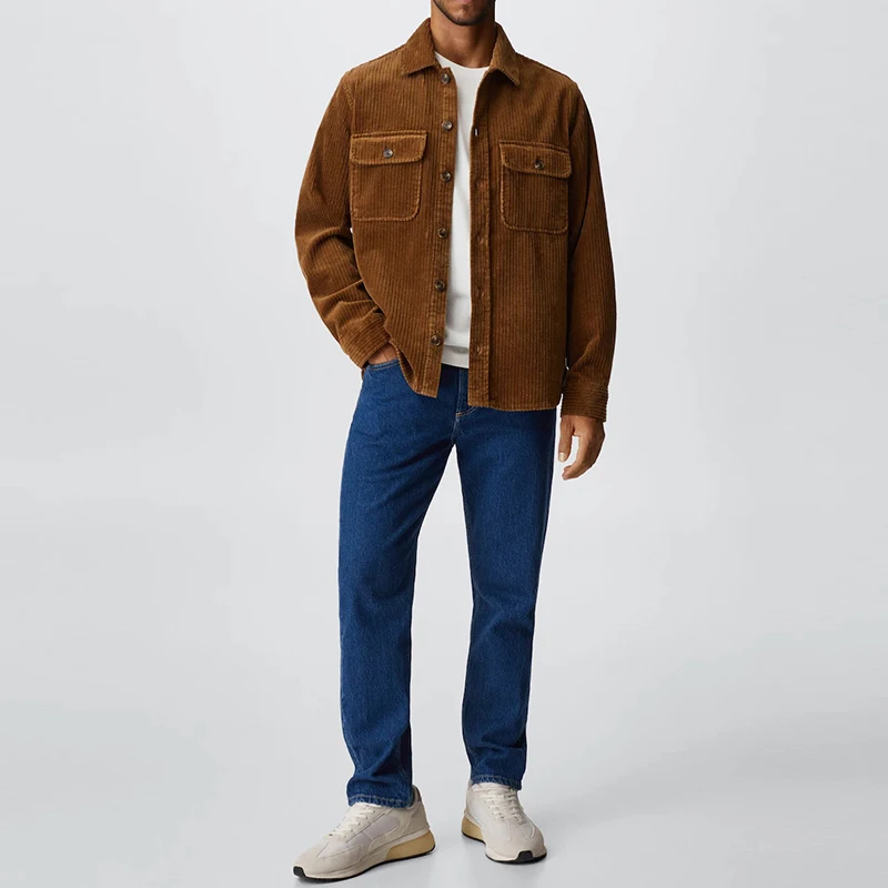 Oem Custom Logo Classic Turn Down Collar Brown Long Sleeve Fashion Regular Fit Mens Corduroy Solid Color Shirt