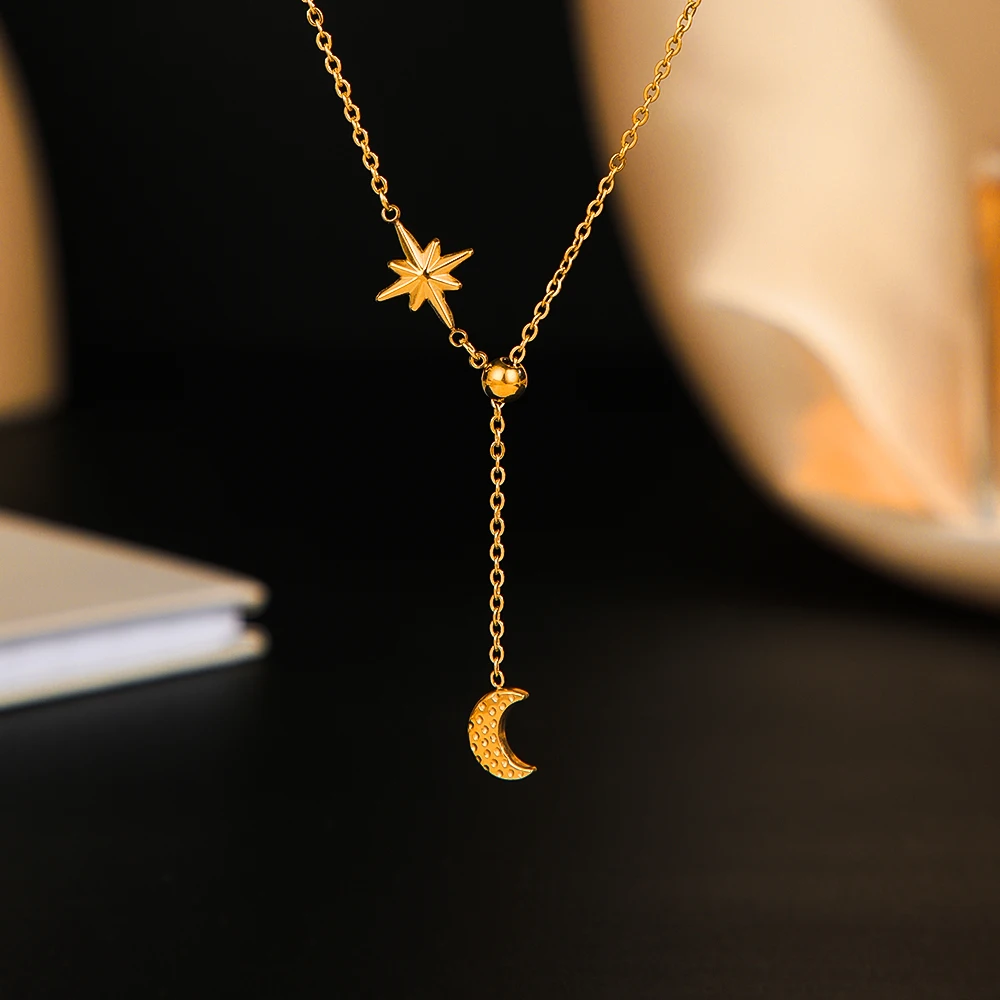 14K Gold PVD Plating Stainless Steel Fashion Elegant Design Star And Moon Pendant Necklace Women Jewelry