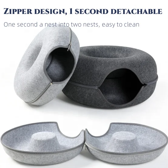 OF Wholesale Luxury Double-storey Donuts Shape Custom Felt Round Tunnel Pet Cat Bed Peekaboo Cat Cave