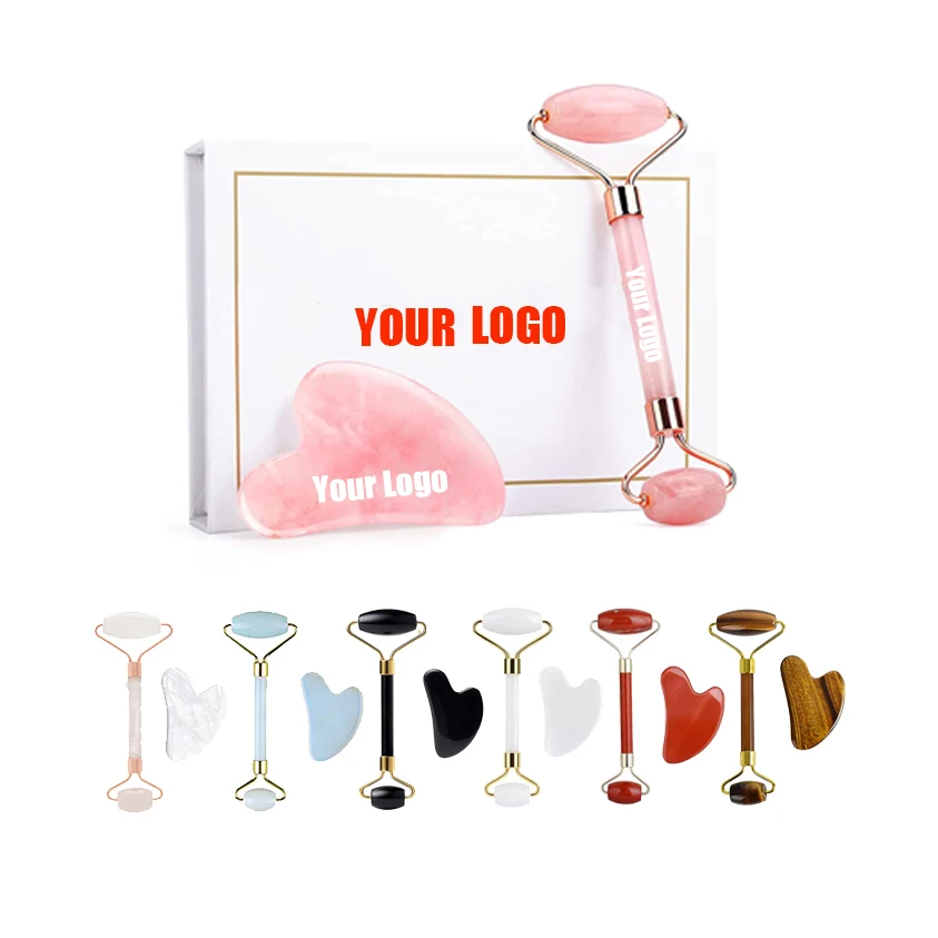 Custom Logo Jade Roller and Gua Sha Set Natural Green Pink White Black Blue Jade Roller Guasha set Rose Quartz Steel Facial Tool