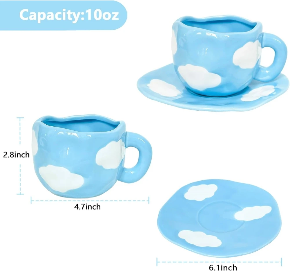 Hot sale nordic style 10oz ceramic cloud tea cups set with saucer cute porcelain coffee cup reusable eco-friendly