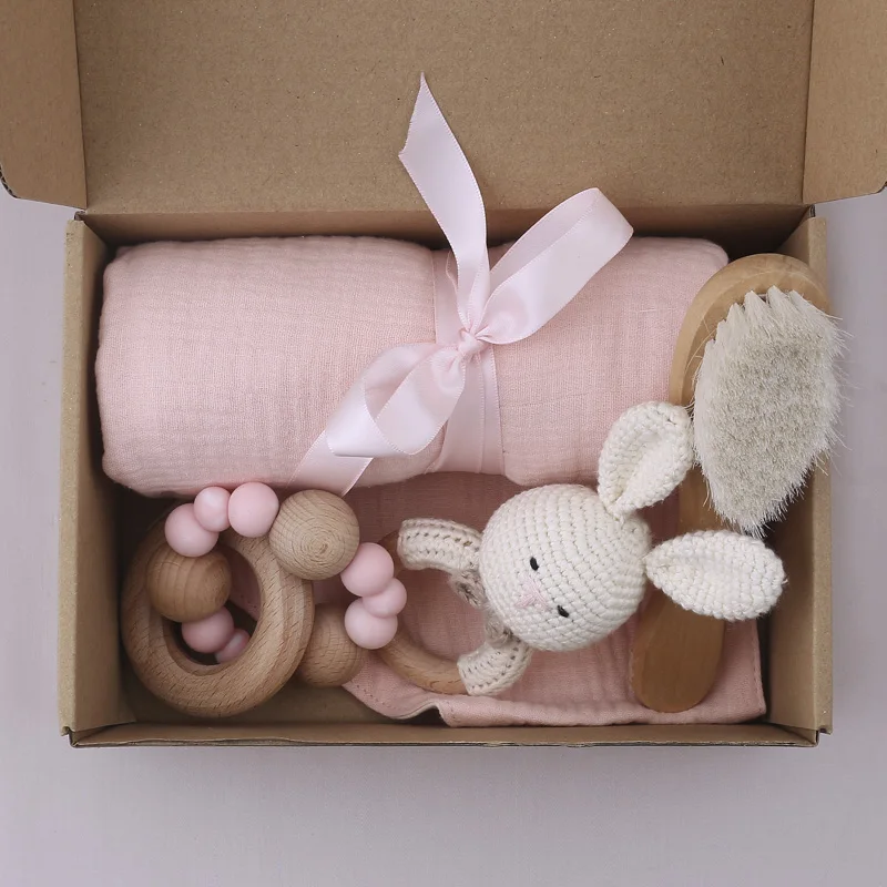 New Born Baby Gift Bracelet Set Crochet Rabbit Wood teethers Teething ring Toy Soft Hair Comb Grasping Holder With Blanket Set
