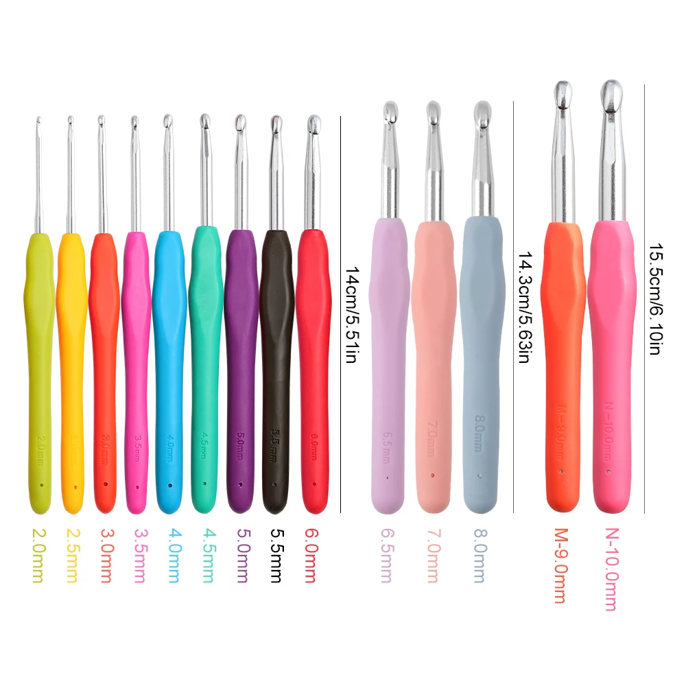 12Pcs/set Multicolor Plastic Handle Aluminum Crochet Hooks 2 mm 10 mm Yarn Sweater Weave Craft Tools Knitting Needle Set