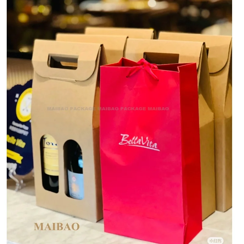 Custom Luxury Champagne Wine Kraft Bag Two Bottles Window Brown Kraft Paper Black Bag With Ribbon Satin Bow Tie Die Cut Handle