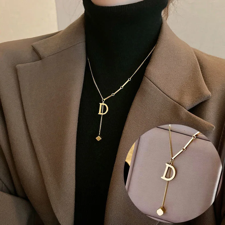 Fashion Simple Style 18K Gold Plated Stainless Steel Jewelry D Letter Pendant Layered Cube Chain Necklace For Women