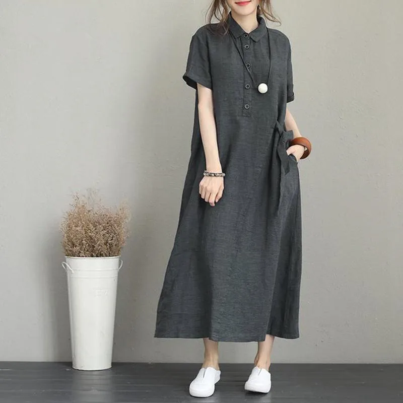 Ladies Solid Color Cotton and linen casual loose Sexy Women Dresses Women Summer Female Clothes Long Dresses