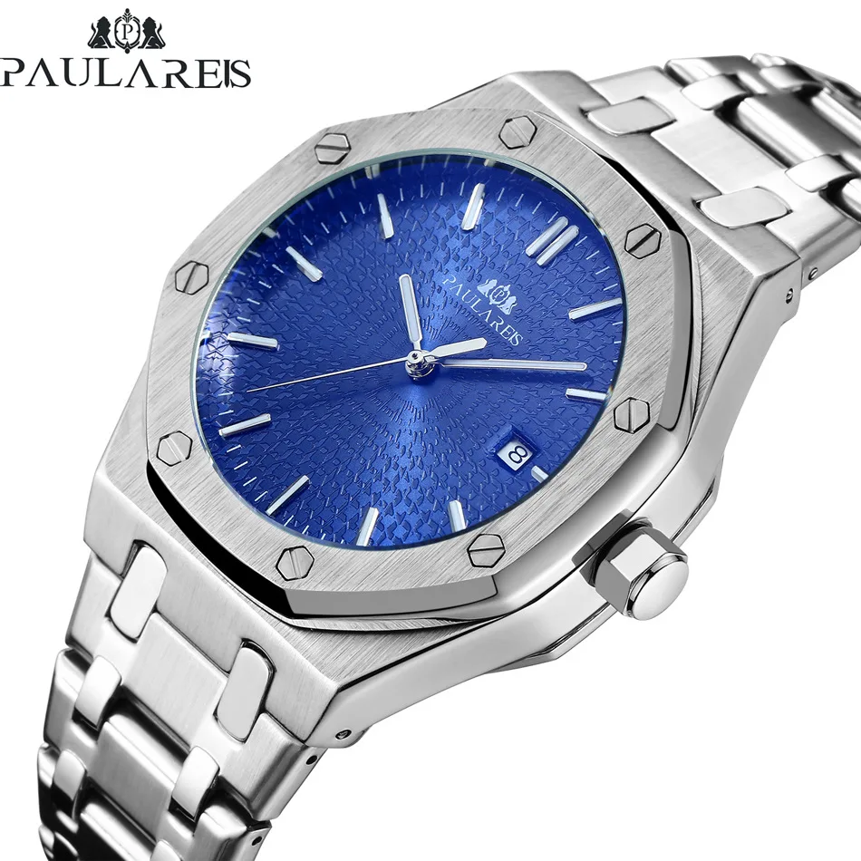 
Paulareis Men Automatic Self Wind Mechanical Stainless Steel Strap Simple Business Blue Rose Gold Yellow Gold Date Watch 