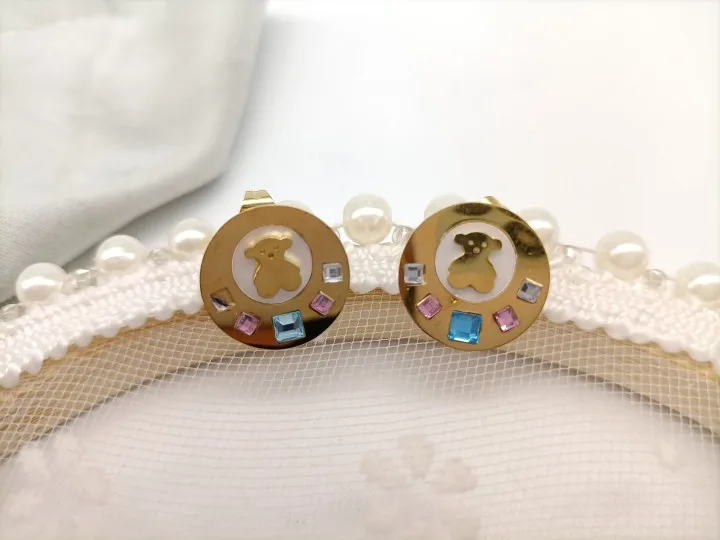 High-end custom luxury necklace with metal stainless steel earrings diamond bear round necklace