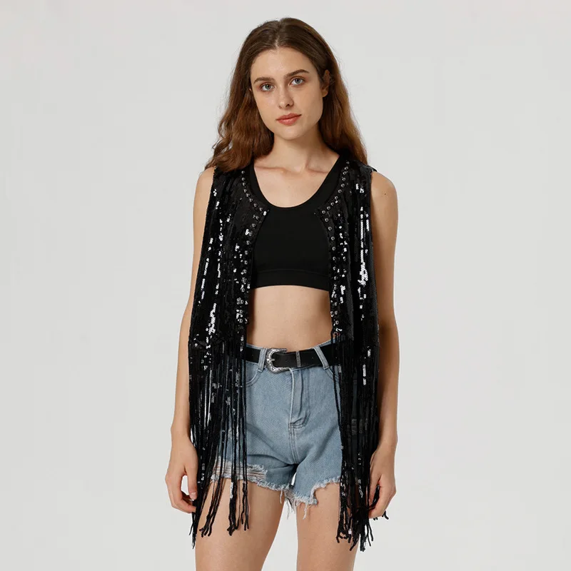European Carnival Cowboy Cardigan Coat Women Sequin Fringe Vest