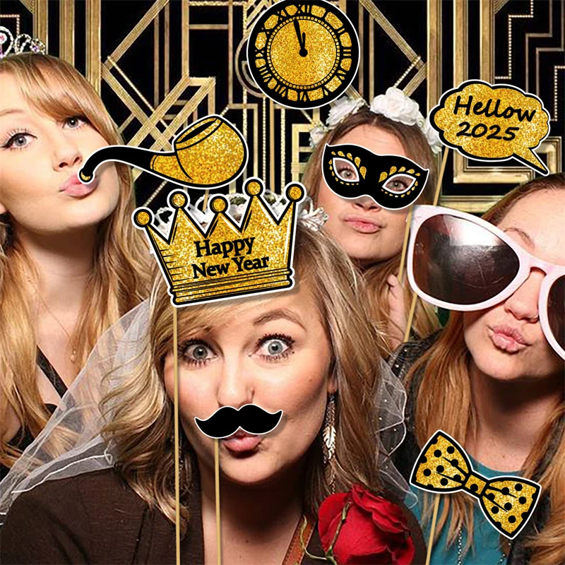 25pcs Set New Years Eve Party Supplies Black Gold 2025 Happy New Years Photo Booth Props