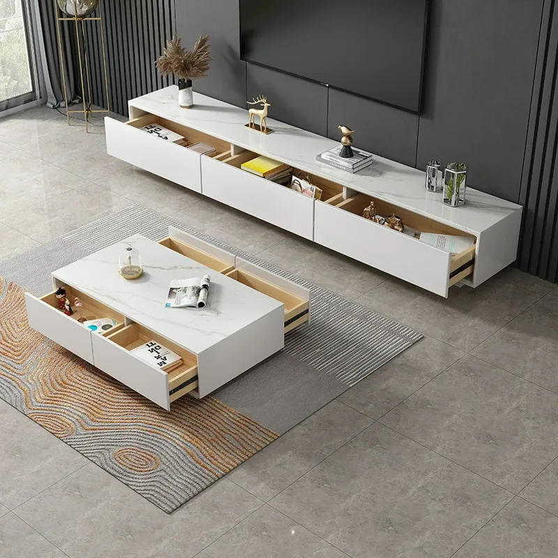 Rock panel TV cabinet simple modern home living room storage cabinet Solid wood TV cabinet coffee table combination