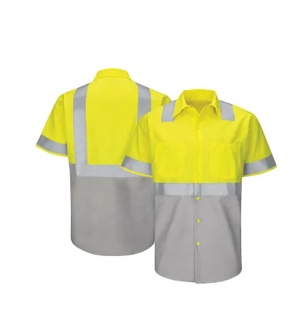 OEM Custom logo High Visibility 100% Cotton Orange / Navy two tone short sleeve Construction Reflective Safety Hi Vis Work Shirt