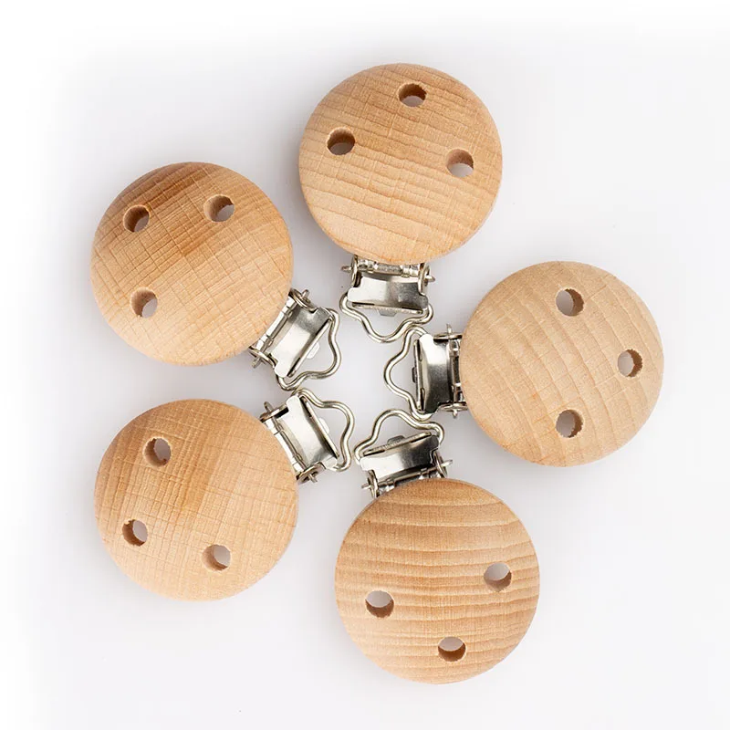 wholesale round custom 30mm wooden baby pacifier clip