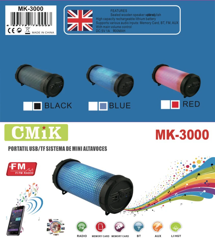 CMiK mk3000 Portable Subwoofers MP3 Wireless Stereo fm radio bt Led Light Microphone Audio Outdoor Speaker