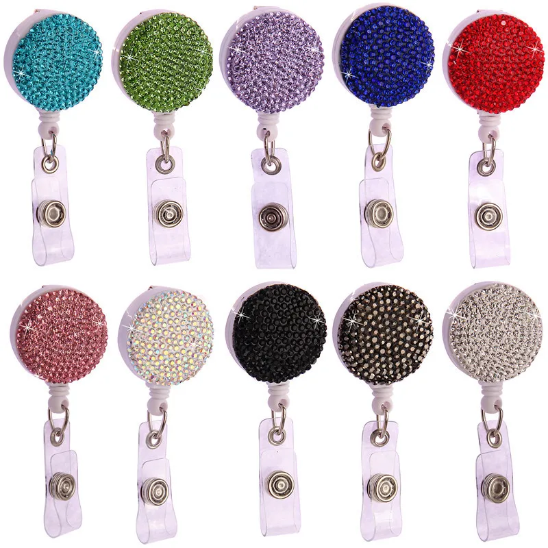 Business gifts Retractable Badge Holder fancy Bling Rhinestones Badge Reels ID Name Badge Reel with Belt Clip