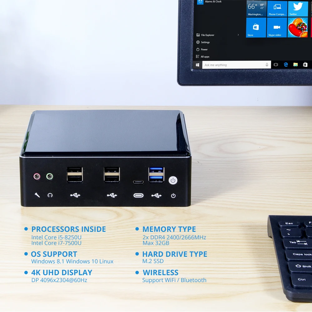 XCY Мини ПК Intel Core i7 7500U 7200U i5 8250U 2 * DDR4 M.2 SSD 8 * USB HD DP 4 к 60fps WiFi 2 * LAN тип-c HTPC Linux