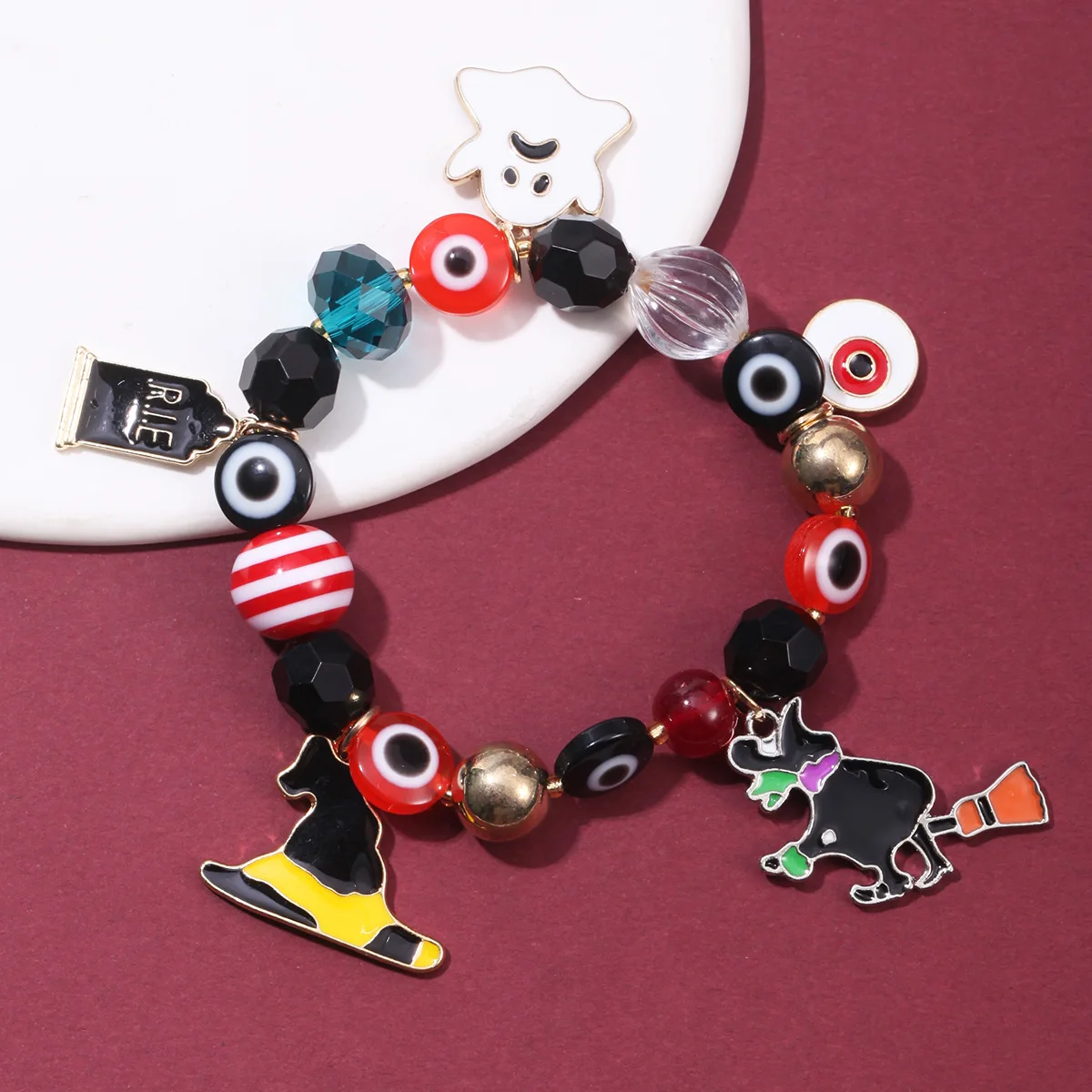 Bestone Funny Pumpkin Evil Eyes Chaem Bracelet Multi Color Crystal Beads Spider Pumpkin Bracelet Halloween Charm Bracelet