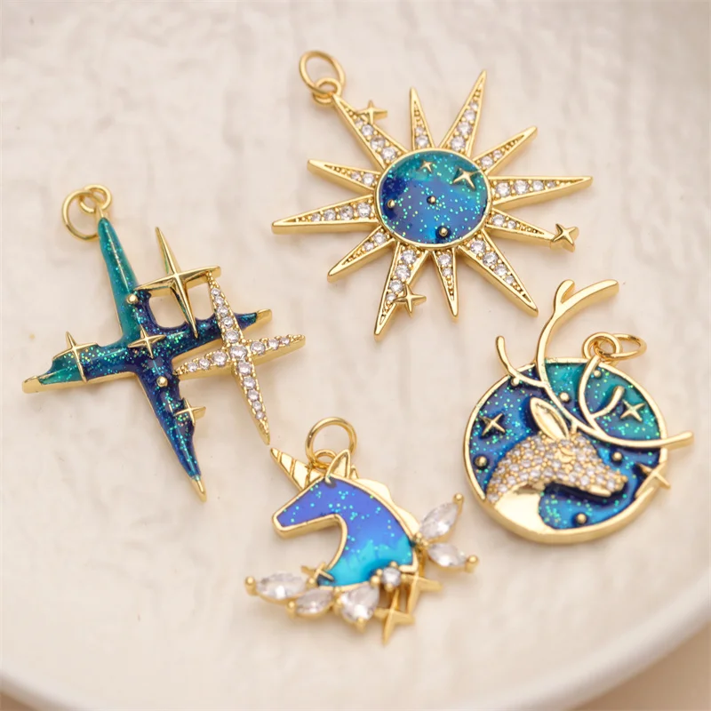 Brass 18K Gold Plated Star Sun Elk Unicorn Shaped Enamel Necklace Pendant Bulk for Necklace Making