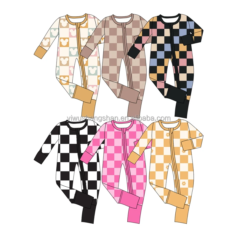 Customize OEM Multi Solid Color Plaid Pattern Kids Long Sleeve Bamboo Fiber Romper Kids Boys Girls Fold Hands Feet Jumpsuit