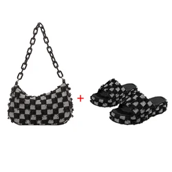 Новинка, Высококачественная сумка-Кроссбоди в клетку для подмышек, Модная Джинсовая уличная сумка в клетку, комплект женских тапочек