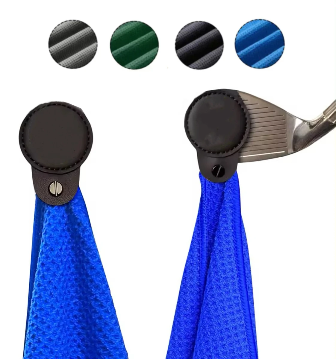 (Black/blue/green/gray)microfiber golf towel with round shape pu leather cover magnet for strong hold to golf carts or clubs