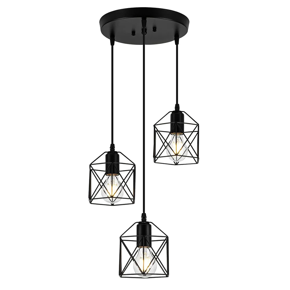 Vintage Pendant Light, Adjustable Mini Hanging Pendant Lights Fixture with 3-Light Cage Shade