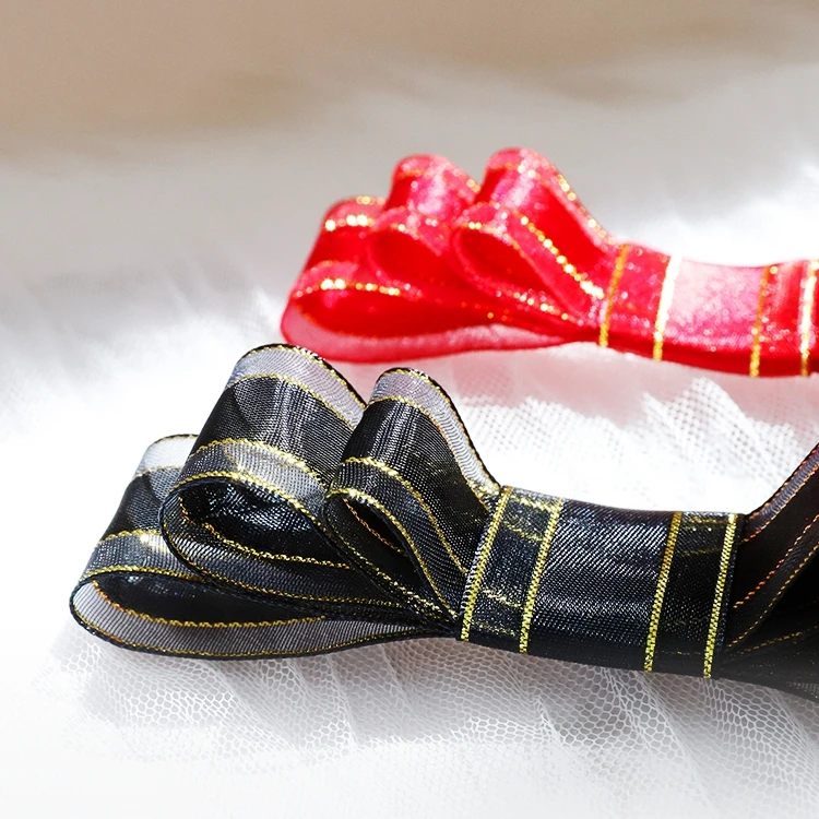 Custom Color 1cm Width Gold Border Riband Cake Box Packing Lace-up Gold Ribbon Chiffon Wire Edge Ribbon