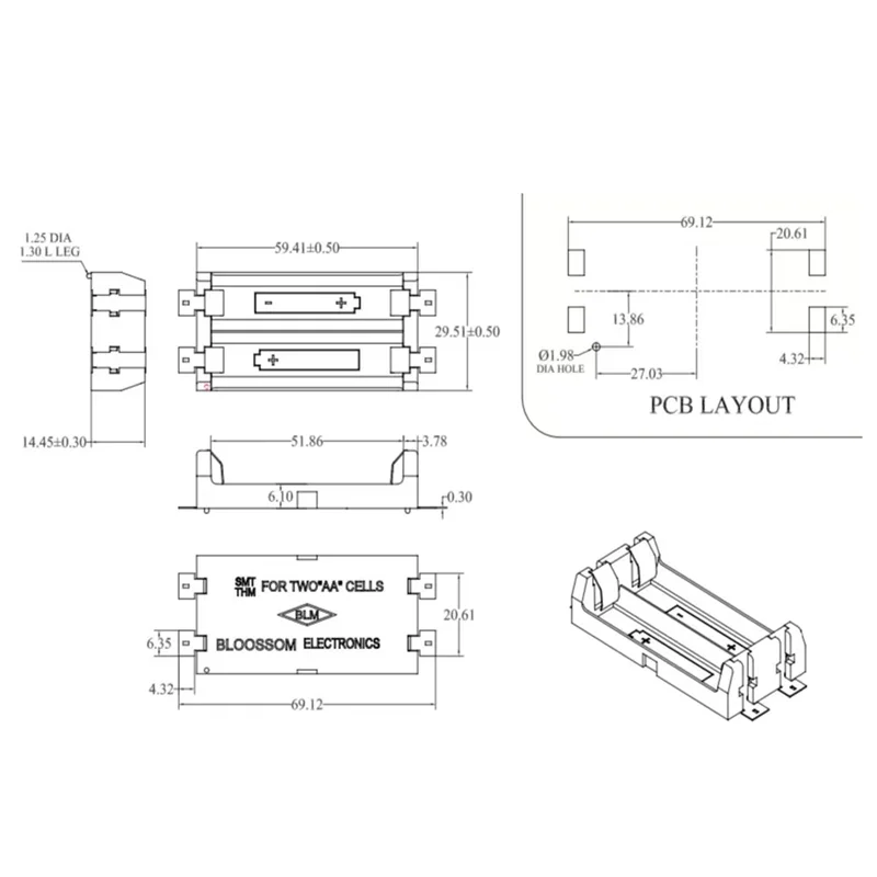 Single double AA battery SMT holder with gold plated and 14500 battery holder
