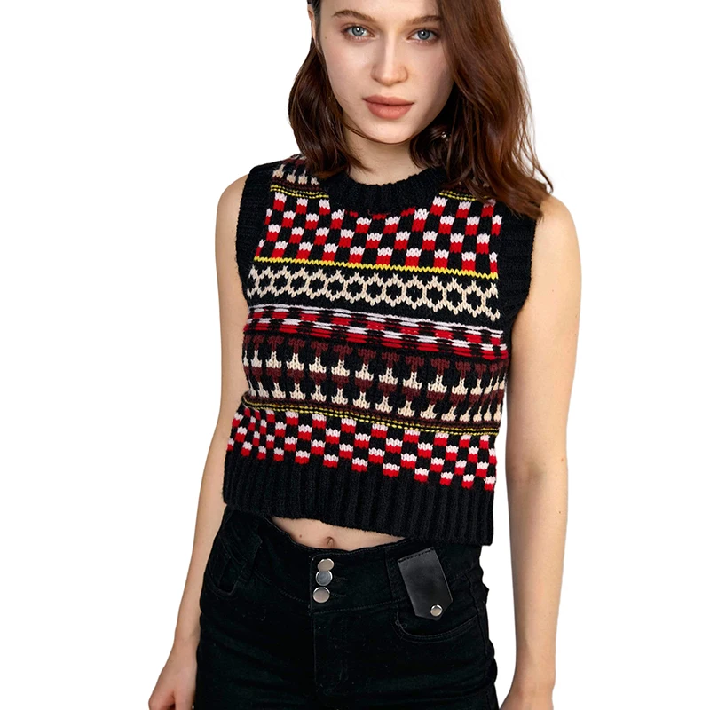 Для женщин с v-образным вырезом Топ высокого качества, пуловер, свитер, состав ткани: хлопок и акрил принт жаккардовая трикотажная «унисекс» без рукавов для девочек, Вязанный свитер-безрукавка