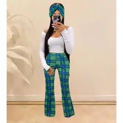 2020 matching women set high waist cotton knitted stripe plaid flare leg pants and women top scarf three piece set