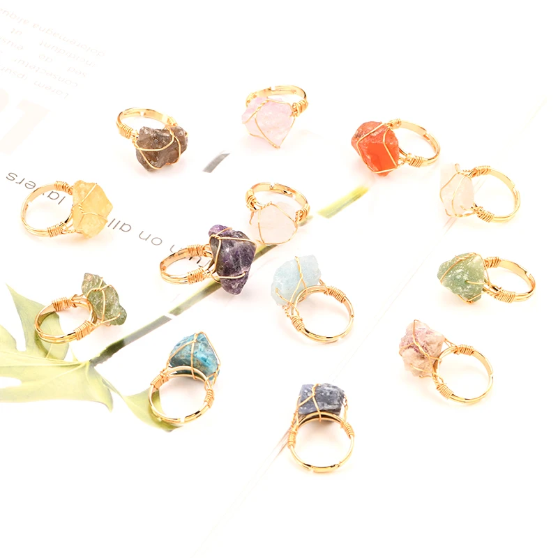 15-20mm Top Sale Crystal Gold Ring 13 Different Colors for Mix Order Hand Wire Wrap Mineral Crystal Ring