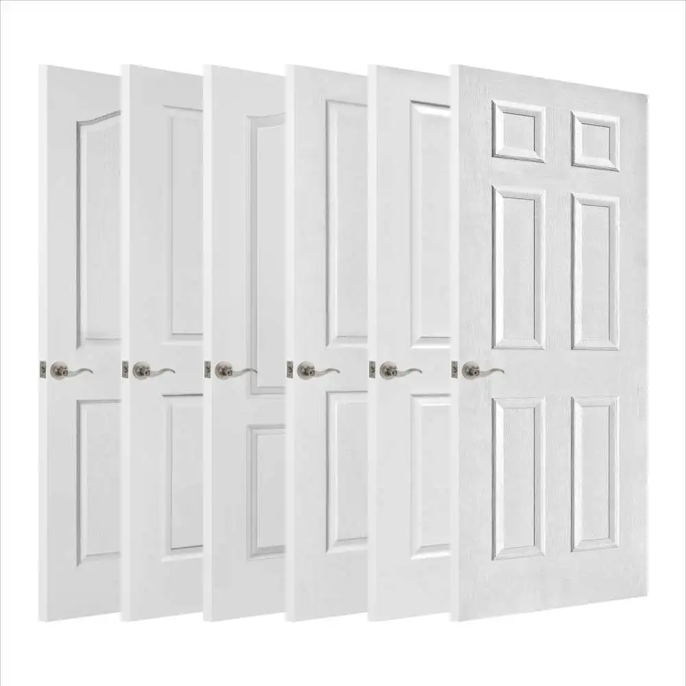 White Primed 6 panel Prehung Hollow Core Slab Interior Door Wood Texture Surface Moulded Door
