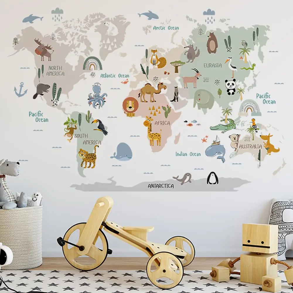 Animal World Map Wall Stickers Cartoon Lion Bear Travel Wall Decals Baby Kids Bedroom Nursery Toddler Room Wall Sticker Decor