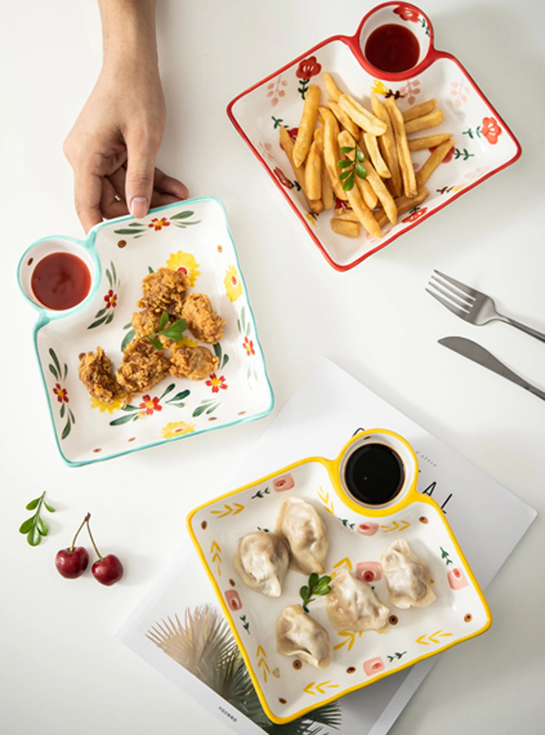 Блюдо для вареников под глазурью, блюдо с уксусом, разделитель для суши и окунивания соуса, посуда для дисков, креветок на пару, закуска, столовая посуда для завтрака