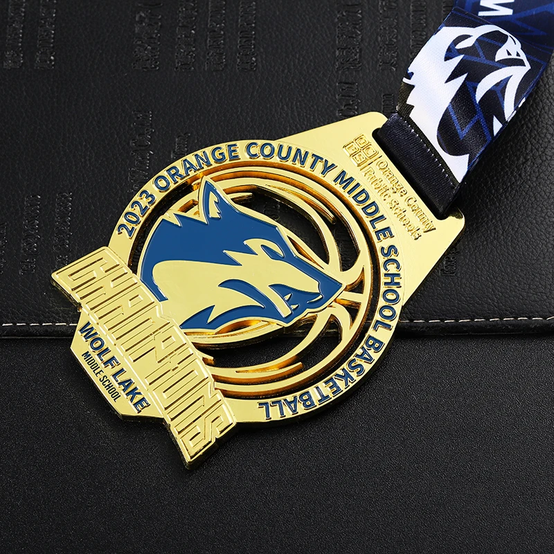 Oem Factory 3D Enamel Gold Basketball Medal Custom Design Wolf Lake Middle School Student Medal for Basketball Game