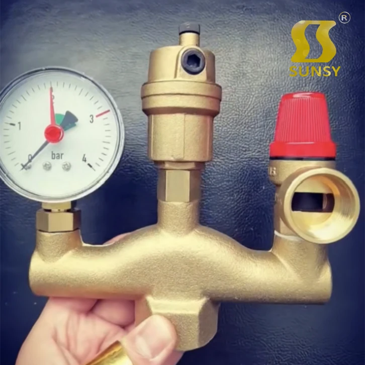 brass Manifold Boiler Safety Group Automatic Shut-Off Valve Parts Set With Air Vent And 3 Bar For Floor Heating System