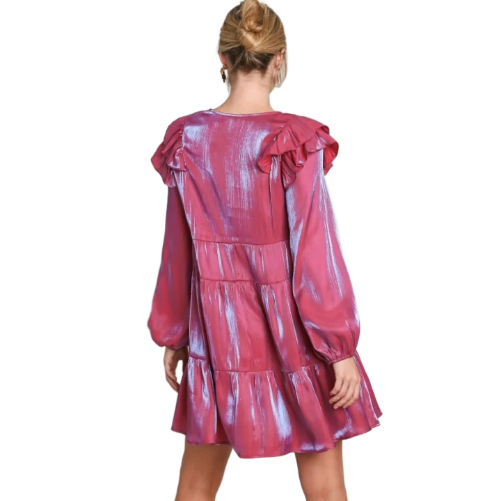 WINGTU Custom Private Label Ruffle Long Sleeves Shiny Metallic Tiered Women Mini Dress