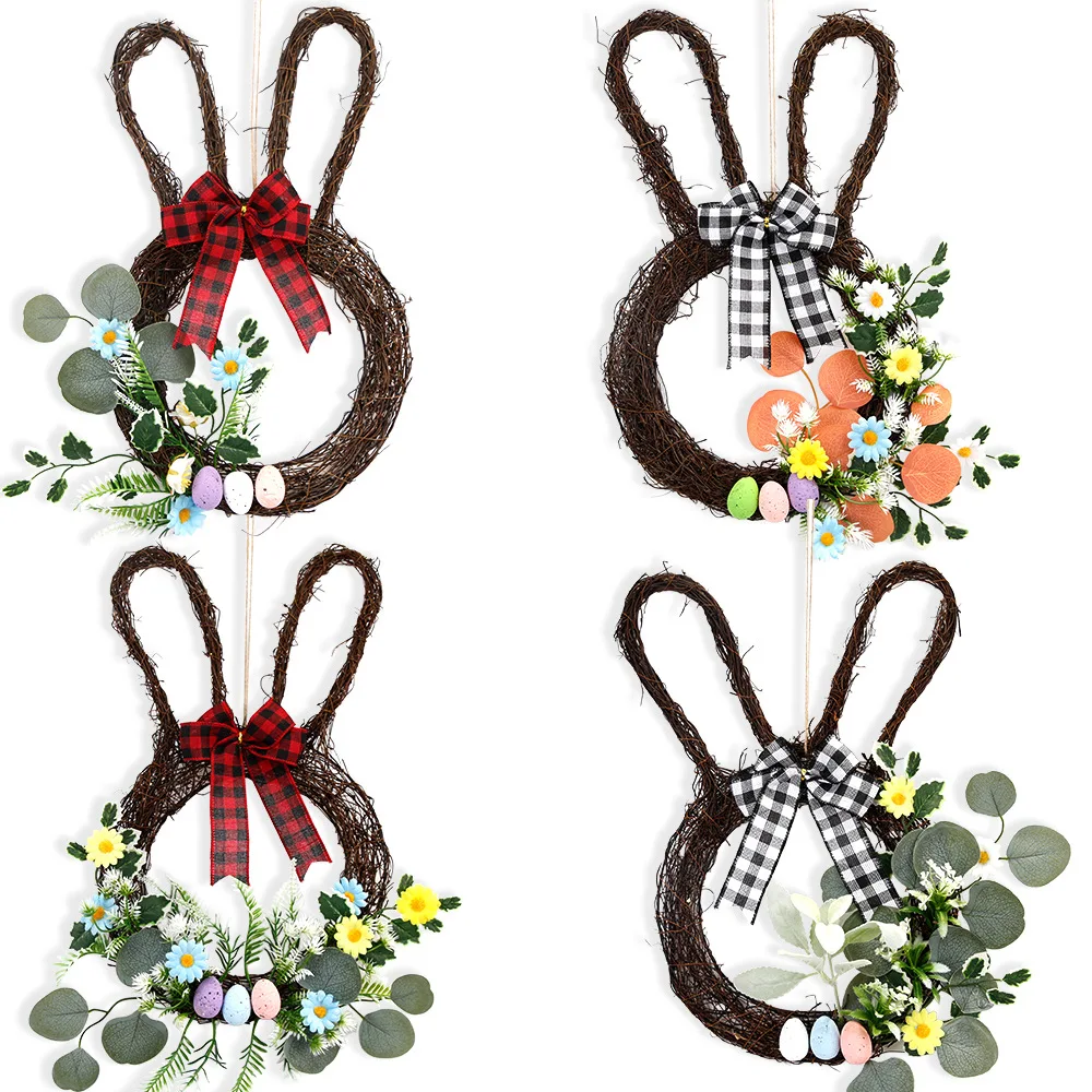 Vintage Spring Berry Egg Decoration Hanging Door Easter Bunny Wreath with Bow