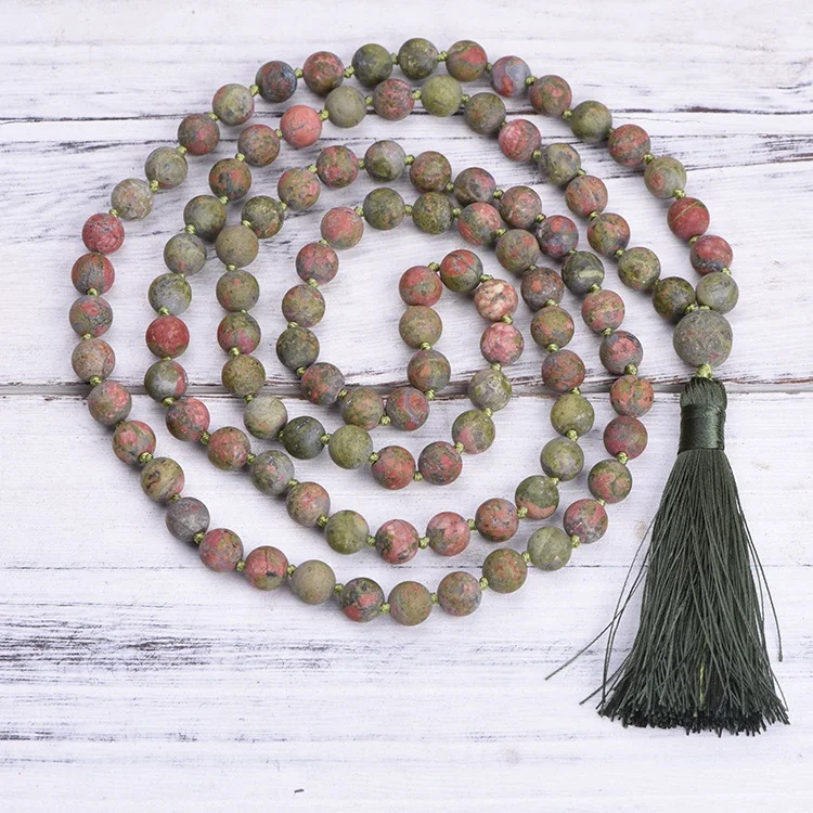 Handmade 108 mala Yoga Gemstone Long Tassel Necklace natural stone Unakite bead woman necklace Handmade 108 Mala Yoga Gemstone