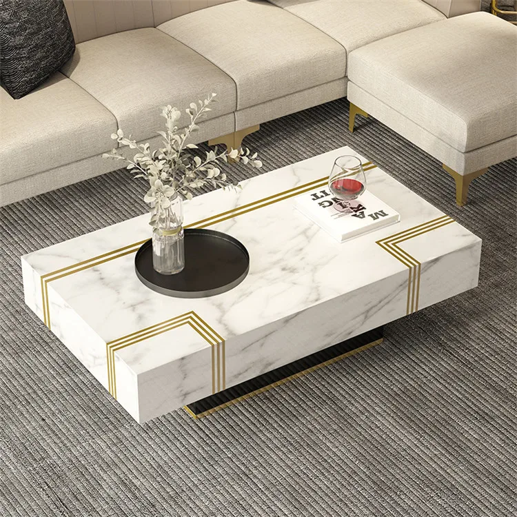 Light Luxury Custom White Modern Indoor Gold Stainless Steel Marble Coffee Table