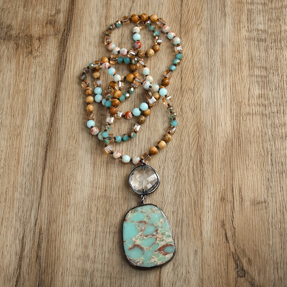 Fashion Bohemian Handmade Women Jewelry 6mm Natural Stone Crystal Glass Beads Knotted Necklace Irregular Stone Pendant Necklaces
