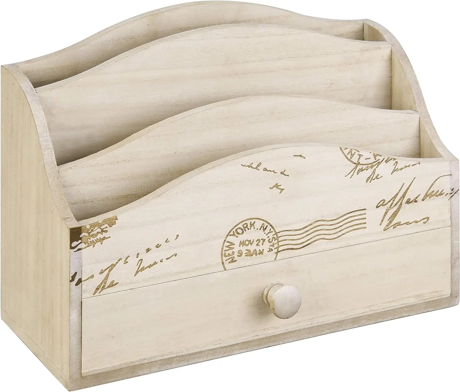 Whitewashed Wood Mail Sorter Holder For Desk  Wooden Rustic Office Desktop Stationery File Organizer