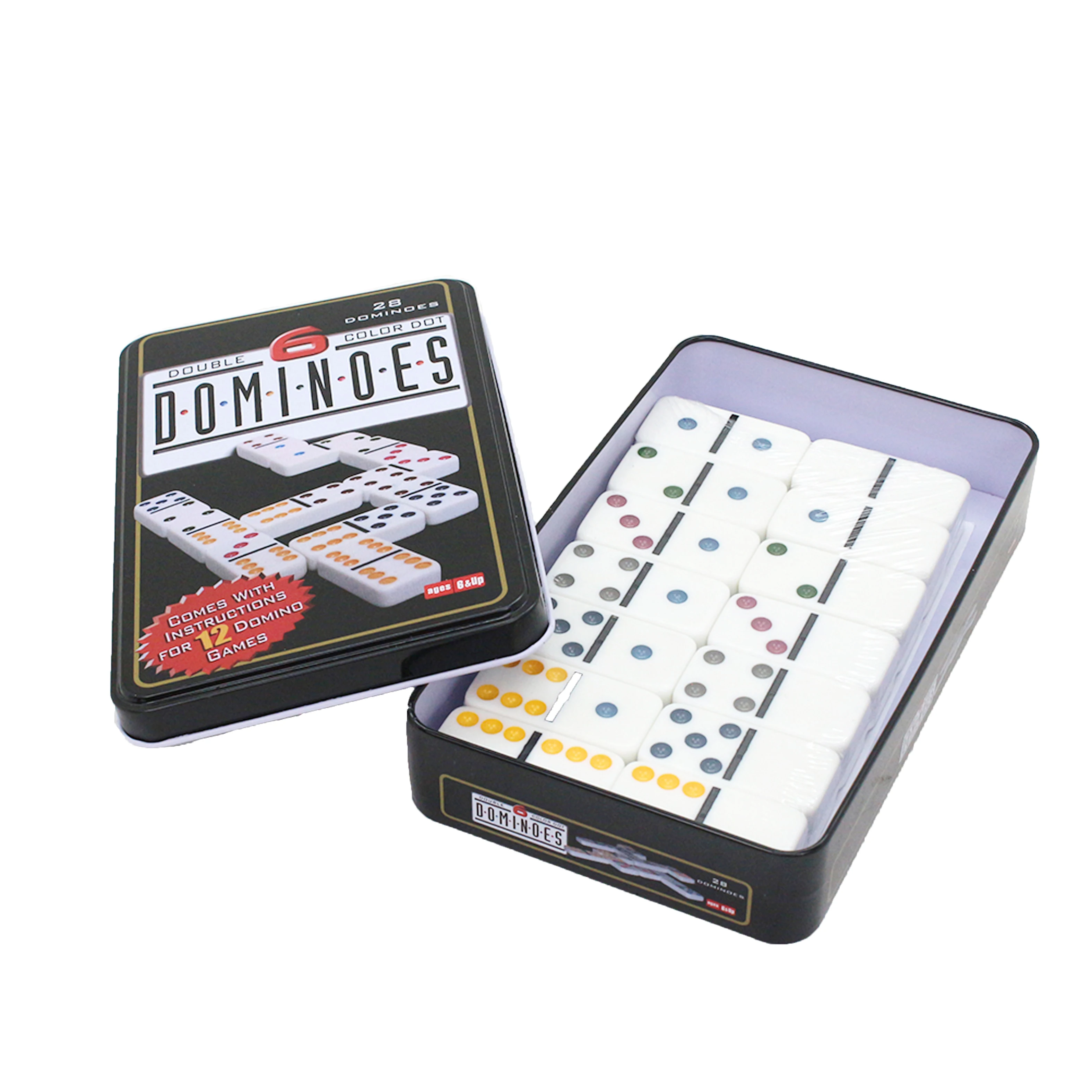 Double 6 Dominoes Set with Colored Dots 28 Piece Set White Dominoes with Tin Case