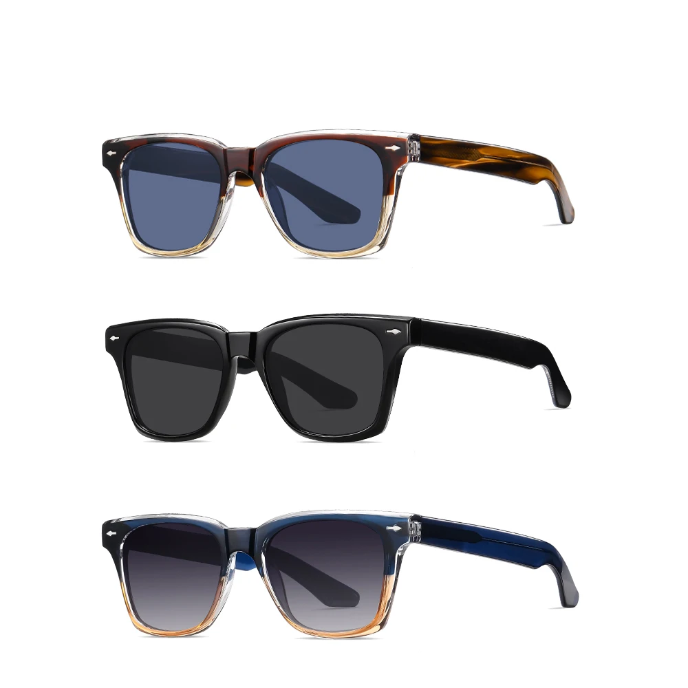 Acetate Transparent Rectangle Square Metal Trim Decoration Sunglasses 2024 Polarized Wood Grain Sunglasses for Men Women